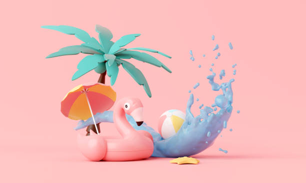 istock Summer pink vacation beach with Flamingo inflatable ring background concept, Minimal Realistic Display Podium for Product mock-up or Cosmetics with summer pink theme, inflatable ring. 3d rendering 1491546957