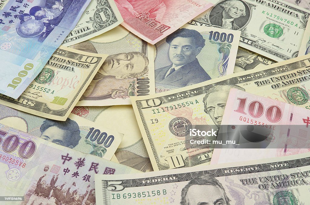 Nós, Novo Dólar de Taiwan e Nota de Yen Japonês - Royalty-free Casa de Câmbio Foto de stock