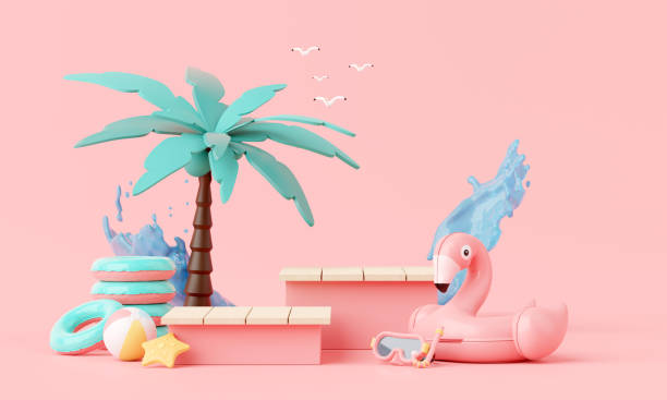 istock Summer pink vacation beach with Flamingo inflatable ring background concept, Minimal Realistic Display Podium for Product mock-up or Cosmetics with summer pink theme, inflatable ring. 3d rendering 1491546962