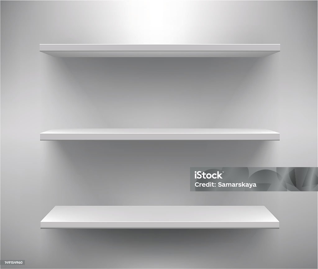 Set of three white empty shelves Vector store/book shelves. Shelf stock vector