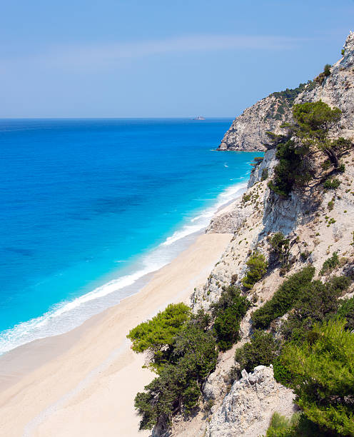 White Egremni beach (Lefkada, Greece) Beautiful summer white Egremni beach on Ionian Sea (Lefkada, Greece)  summer view from nearest rock egremni beach lefkada island greece stock pictures, royalty-free photos & images