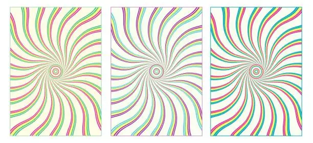 Vector illustration of Set of psychedelic background with wavy distorted striped beams from the center 60s hippie wallpaper design. Colourful swirl, burst. For groovy, retro, pop art style With clipping mask