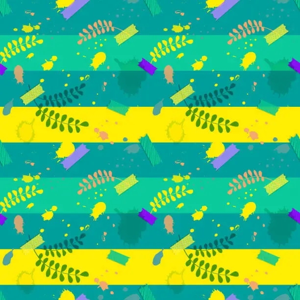 Vector illustration of Stylish seamless pattern in flat style. Colored striped background with leaves and stickers with drops.