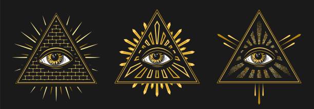 Set of 3 labels with all seeing eye, eye of providence. Illuminati symbol in pyramid, triangle with light rays. Golden design in retro, vintage style. Set of 3 labels with all seeing eye, eye of providence. Illuminati symbol in pyramid, triangle with light rays. Golden design in retro, vintage style. illuminati stock illustrations