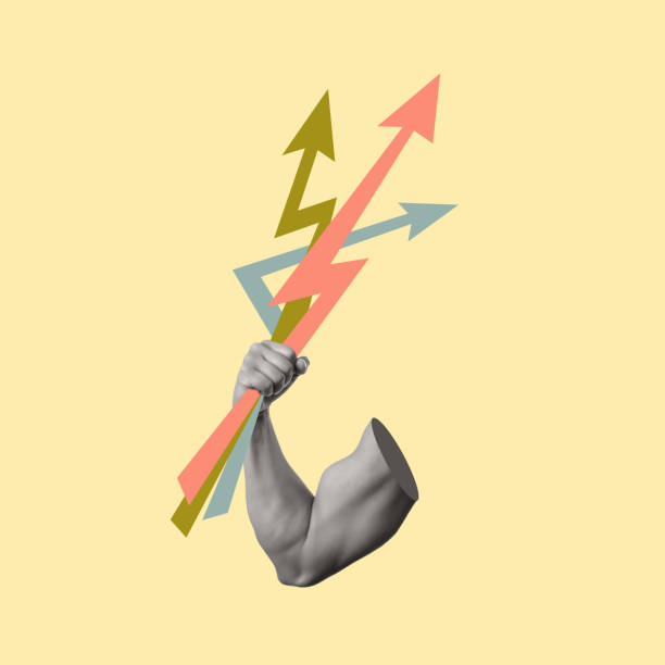 istock Art collage with a muscular hand holding up arrows. 1491552870