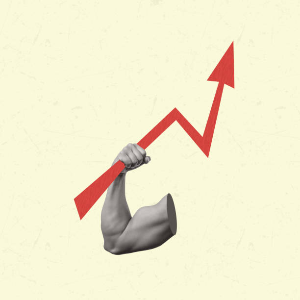 istock Art collage with a muscular hand holding up arrow.. 1491553346