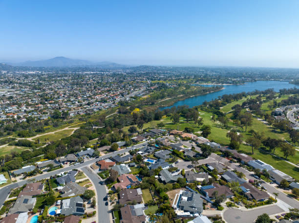aerial view of house around lake murray reservoir in san diego, california - lake murray imagens e fotografias de stock