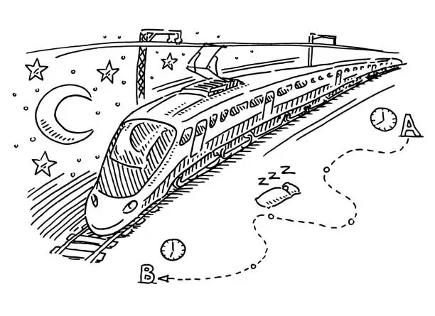 Vector illustration of Night Train Infographic Drawing