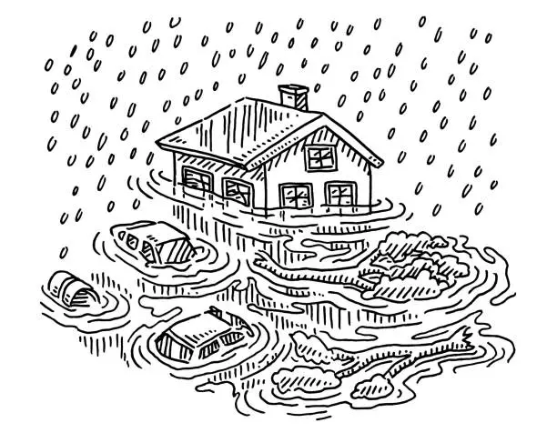 Vector illustration of Heavy Rain Flooding Disaster Drawing