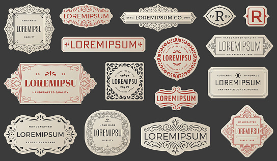 Vector illustration of modern vintage frames and labels. Collection of luxury labels and frames with ornate swirls.