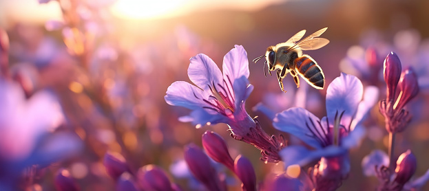 AI Generated Photo Of Bee Flying Near The Purple flower