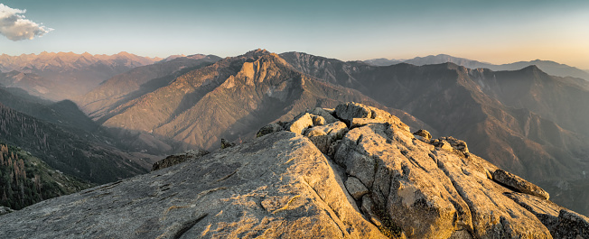 Panorama of Moro Rock in Sequoia National Park, California, USA at sunset.