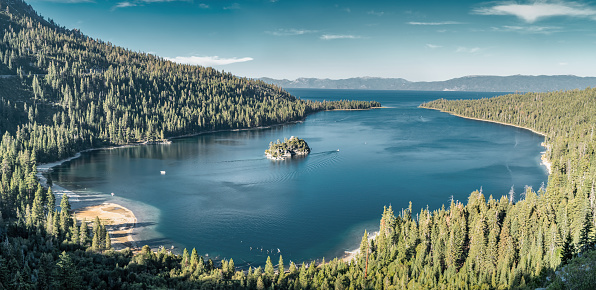 Panoramic landscape of Emerald Bay with Fannette Island at Lake Tahoe, California, USA.