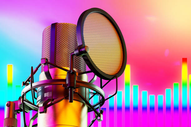 istock Record music in the studio. A professional microphone on a multicolored background with a music track. 3D render 1491565280
