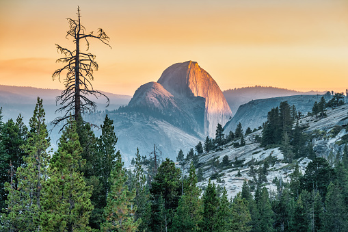 The landmark Half Dome as seen from Olmsted Point in Yosemite National Park California USA at sunset