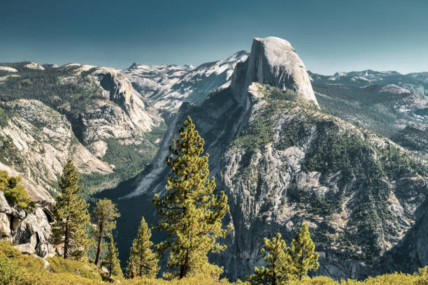 The landmark Half Dome as seen from Glacier Point in Yosemite National Park California USA.