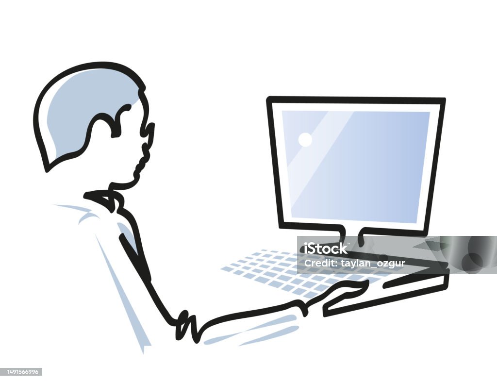 Computer. Man Draw One Line Drawing Of Businessman Working On Computer Stock Illustration ...