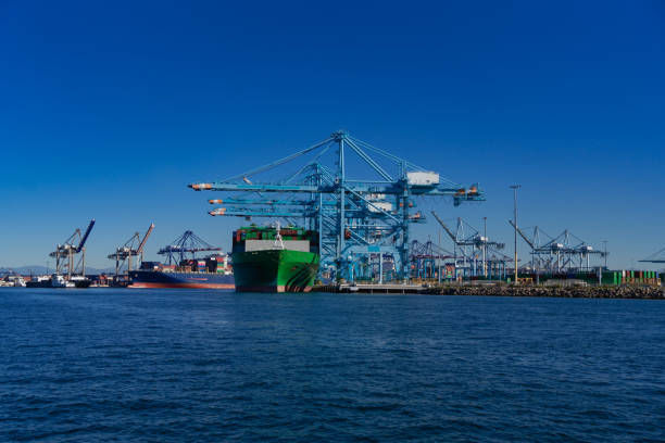 賑やかなロサンゼルス港の中で、巨大な貨物船がドックに並び、鮮やかな色と積み重ねられたコンテナによってそびえ立つ存在感が強調され、世界的な商品交換と国際貿易の大きさを象徴し� - vincent thomas bridge ストックフォトと画像