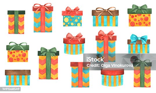 istock Set colored gift boxes. Watercolor hand painted illustrations 1491568549