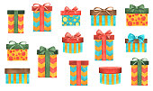 istock Set colored gift boxes. Watercolor hand painted illustrations 1491568549