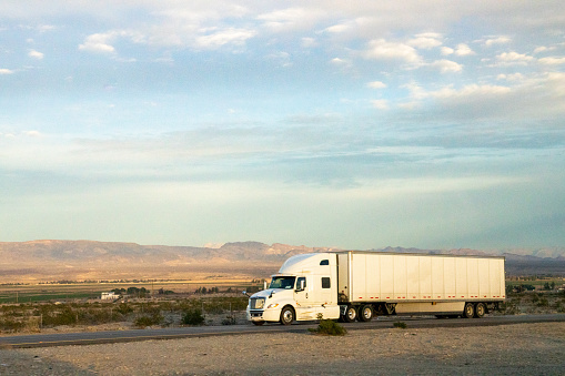 As the sun descended on the horizon, casting a golden glow over the Nevada Desert, a semi-truck barreled down the empty highway. The powerful machine seemed like a lone warrior against the vastness of the desert. Its tires kicked up a cloud of dust in its wake, leaving a trail behind. Towering mountains loomed in the distance, their rugged peaks silhouetted against the vibrant sky. The truck's headlights pierced through the gathering darkness, illuminating the road ahead. With the mountains as a backdrop, the scene captured the essence of the untamed beauty and the journey through the untrodden expanse of the Nevada Desert at sunset.
