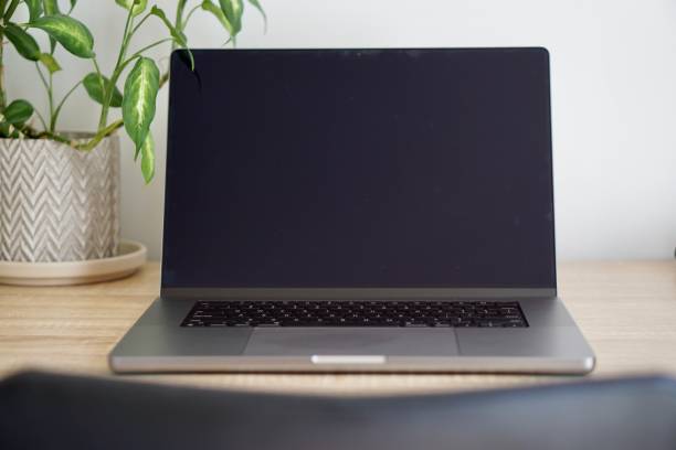 istock Laptop on wooden desk front view 1491569983