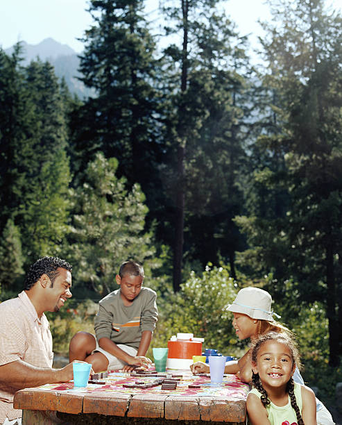 padre sentado con hijo y madre e hija (frecuencia de 6-11) en un picnic - day washington state vertical outdoors fotografías e imágenes de stock