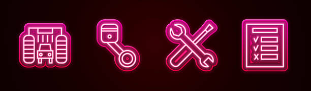 istock Set line Car wash, Engine piston, Screwdriver and wrench spanner and inspection. Glowing neon icon. Vector 1491574501