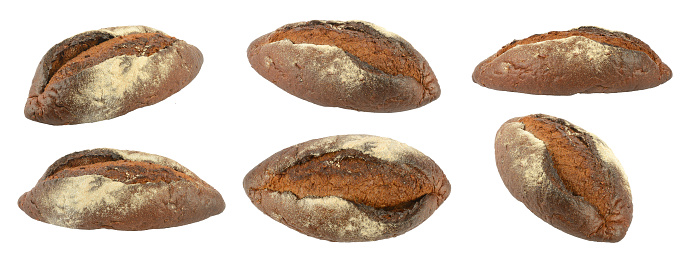 Dark bread in different angles isolated on white background.