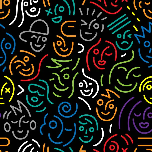 Vector illustration of faces of young people - seamless lines pattern , vector background