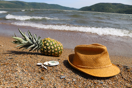 Pineapple in a decoration with a sun hat on the beach. Summer idyllic atmosphere with good vibes. Landed on sand beach with shells and beautiful sea waves in the background.
