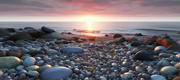 AI Generated sunset on beach with colourful rocks