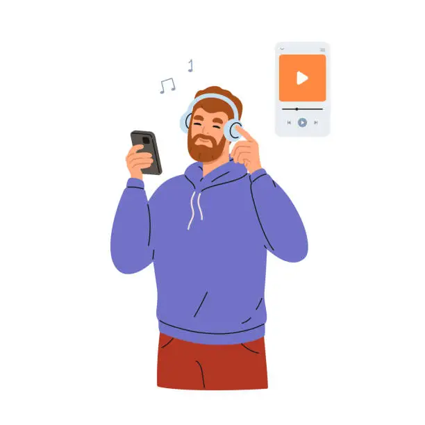 Vector illustration of Man listening to music in wireless headphones. Guy enjoying audio sound using smartphone.