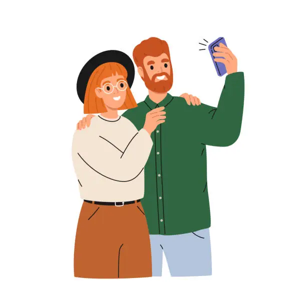 Vector illustration of Happy love couple taking photo on mobile phone. Young man and woman using smartphone camera for shooting selfie.