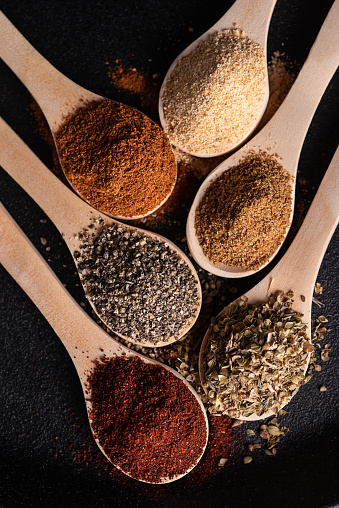 Spices and Herbs used for Fajitas (Chili Powder, Paprika, Garlic Powder, Cayenne, Cumin, Oregano and Ground Black Pepper)