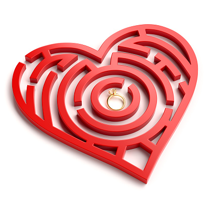 Heart in the form of a labyrinth with a wedding ring as a target. Valentine's Day. The concept of difficult love relationships. Minimalist style. 3d rendering.