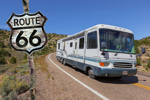 Motor home driving through National Park USA on Route 66