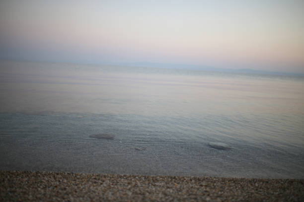 Horizontal image of a pebble beach, sparkling blue sea and pale sky for use as a background