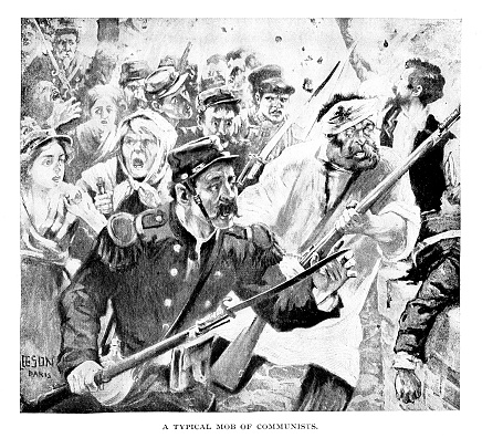 People revolt in Paris. The Paris Commune was a French revolutionary government that seized power in Paris from March 18 to May 28, 1871.  Illustration published in 1897. Original edition is from my own archives. Copyright has expired and is in Public Domain.