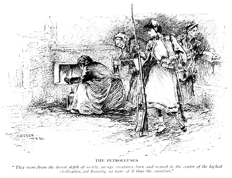Female communist supporters, called petroleuses, are rumored to have been responsible for much of the arson against Paris in the final days of the rebellion. The Paris Commune was a French revolutionary government that seized power in Paris from March 18 to May 28, 1871.  Illustration published in 1897. Original edition is from my own archives. Copyright has expired and is in Public Domain.