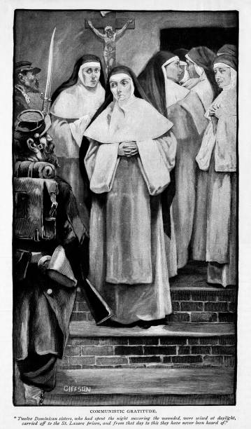 The Paris Commune Imprisons Nuns, 19th Century French History, French National Guard rebels of the Commune imprisoned 12 Dominican nuns who had nursed them. It is believed they were murdered. The Paris Commune, a French revolutionary government, seized power in Paris from March 18 to May 28, 1871. They murdered priests because they wanted separation between church and state and a secular government. Illustration published in 1897. Original edition is from my own archives. Copyright has expired and is in Public Domain. angry nun stock illustrations