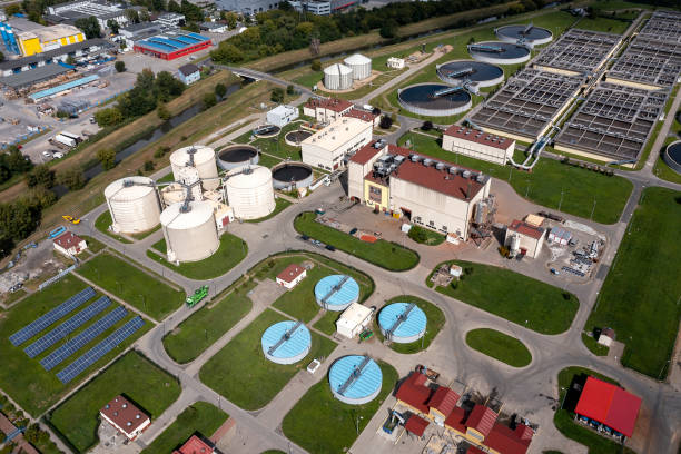 istock Sewage treatment plant, aerial view 1491588104