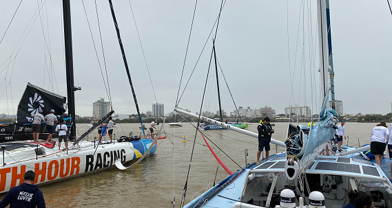 Itajaí, Santa Catarina - Brazil - April 21, 2023: Image with the team members and the race fleet yachts docked at the Race Village pier at the 14th edition, returning to Itajaí for the fourth consecutive time hosting the fleet making the 2022-2023 stopover at the end of the mammoth third leg from Cape Town