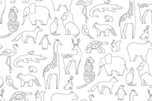Vector illustration of Animal doodle linear seamless pattern endless print mammals characters repeat wallpaper background