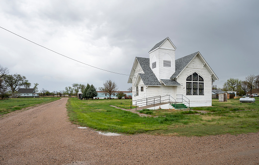 Exterior view of the historic wooden Oregon Trail Chapel in McGrew, Nebraska, USA