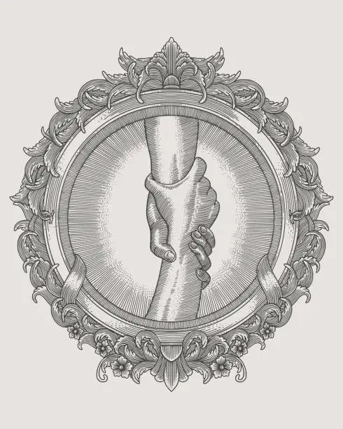 Vector illustration of Helping hand concept. sign of help and hope. Two hands taking each other in antique frame engraving style