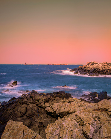 Seascape at the rocky coastal cliff at high tide in Cape Elizabeth, Maine