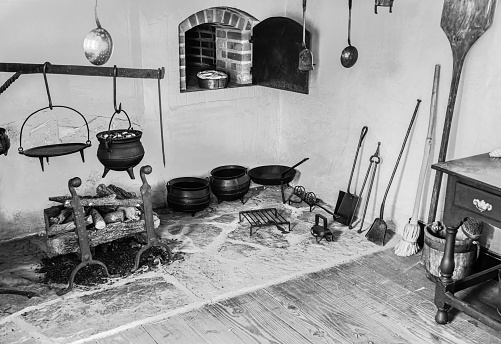 Late 1700s kitchen in black & white