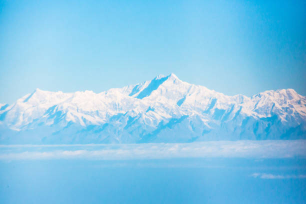 Blurry view of Mountain Everest view from plane in Himalayan due to high speed moving plane