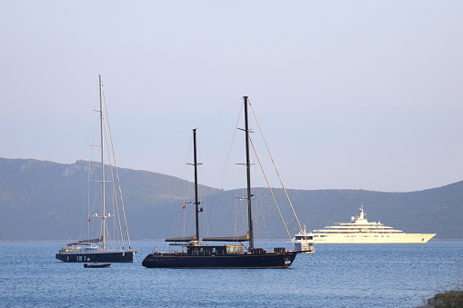 Bodrum, Turkey-  May 07, 2023: The giant superyacht Solaris, owned by Russian businessman Roman Abramovich, anchored in Bodrum's
